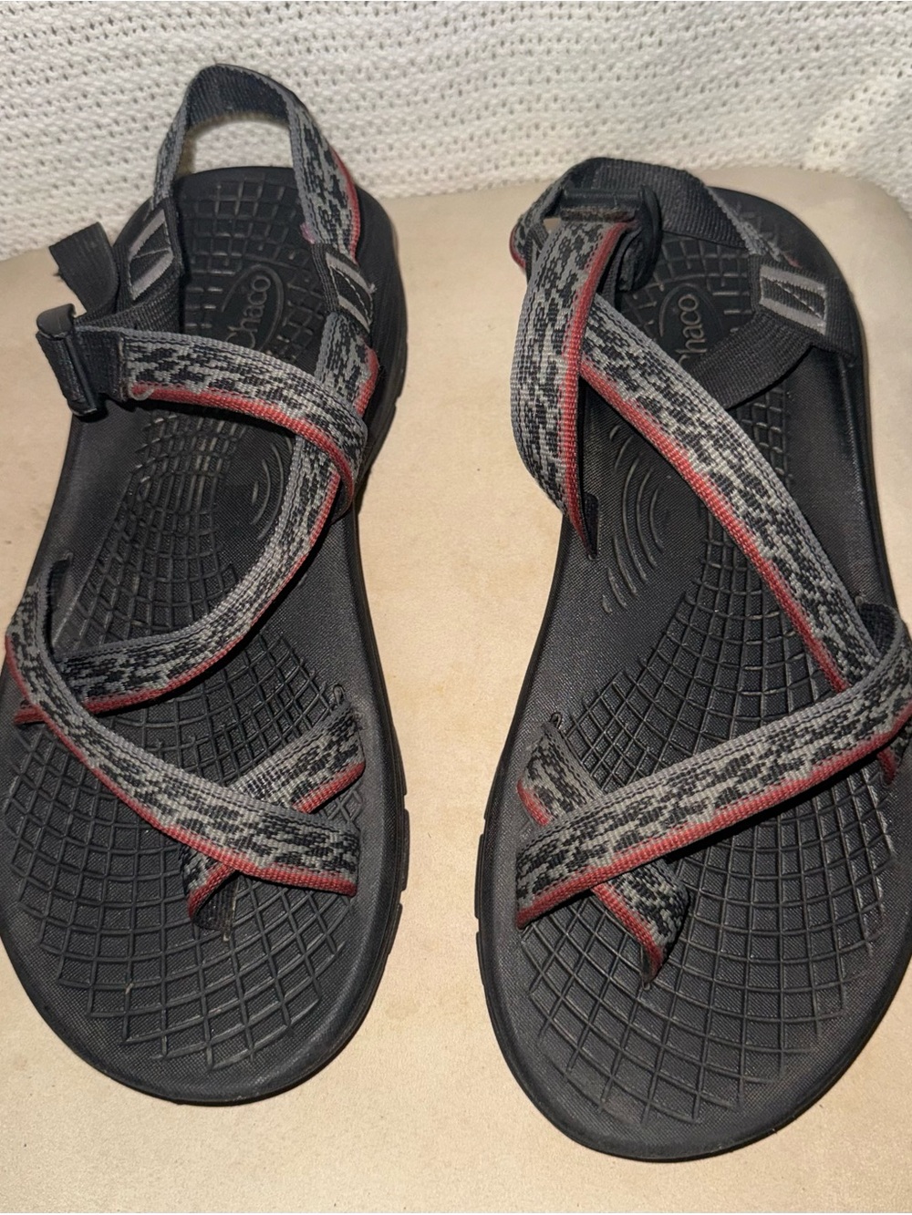 Black Outdoor Sandals with Grey & Red Straps